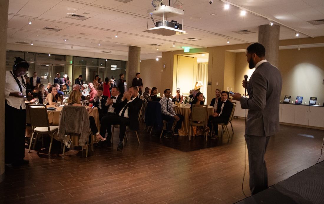Jevon Taylor of Green Spaces delivering the keynote at the 2022 Fall Ball